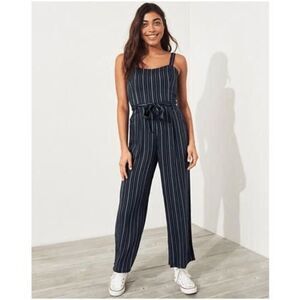Hollister Navy Blue Striped Cropped Wide Leg Tie Soft Jumpsuit Small